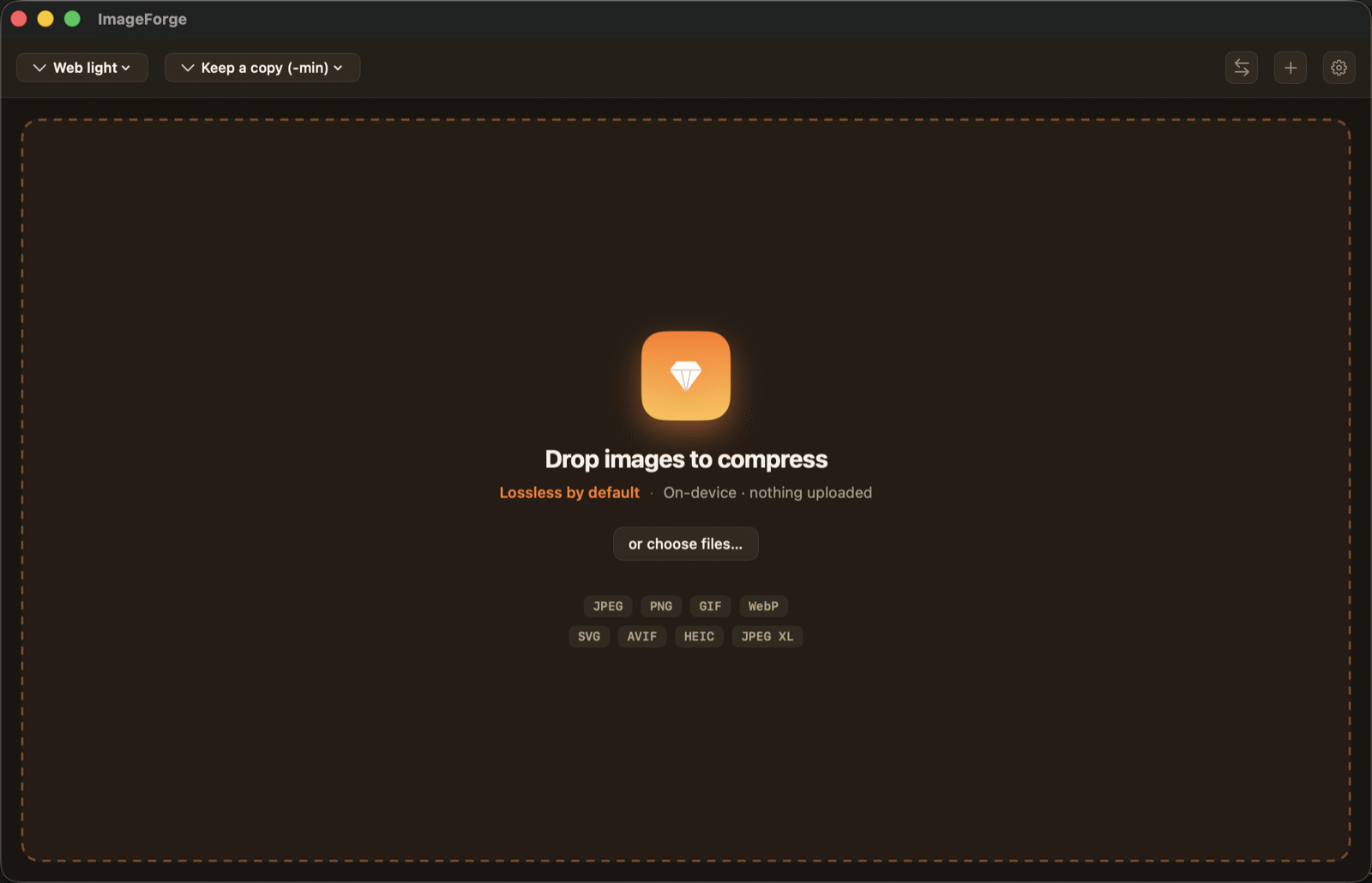 La ventana de ImageForge vacía, con los formatos que acepta