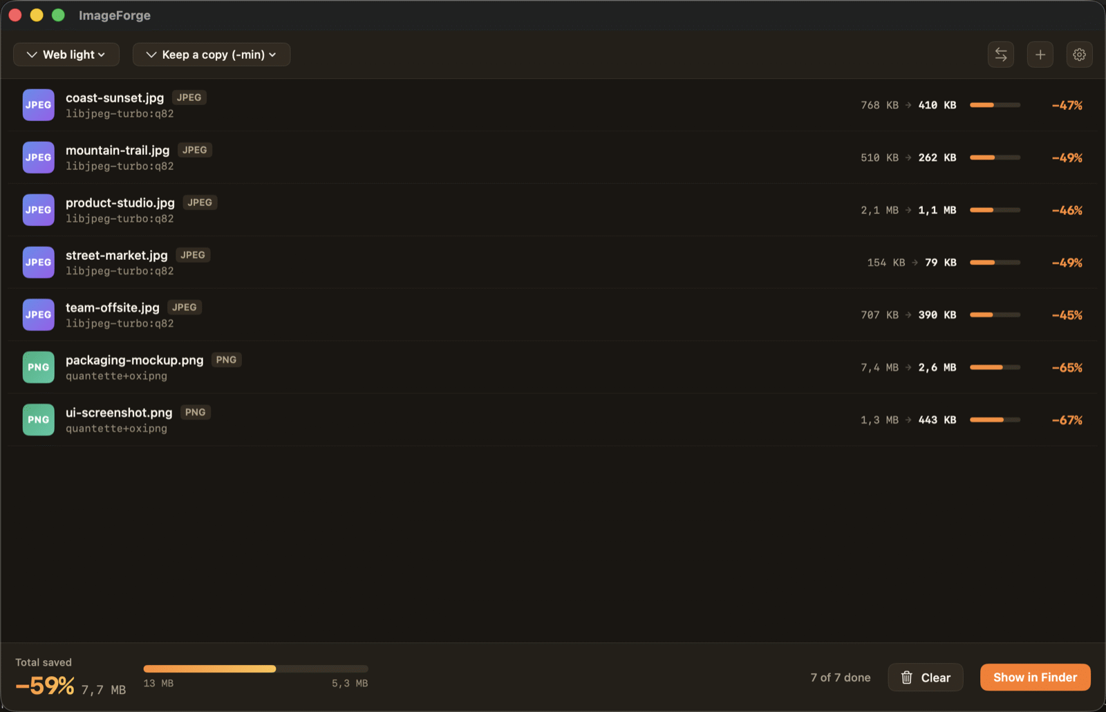 Siete imágenes comprimidas en ImageForge, con un 59% de ahorro total